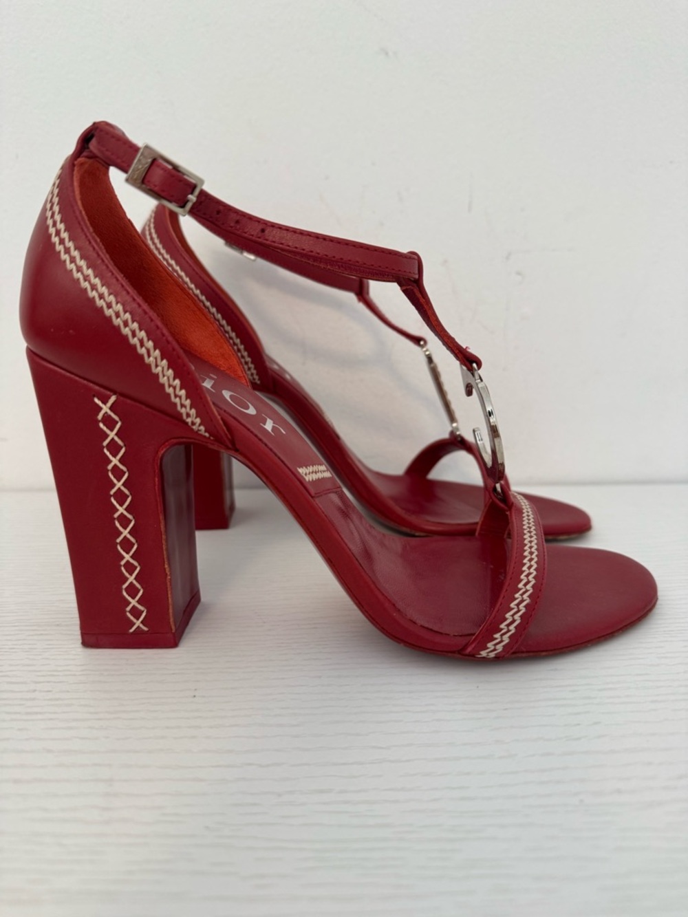 Dior Galliano 2005 Red Leather Charm Embroidered Block Heel Sandals EU 36.5 Y2K - Picture 2 of 7